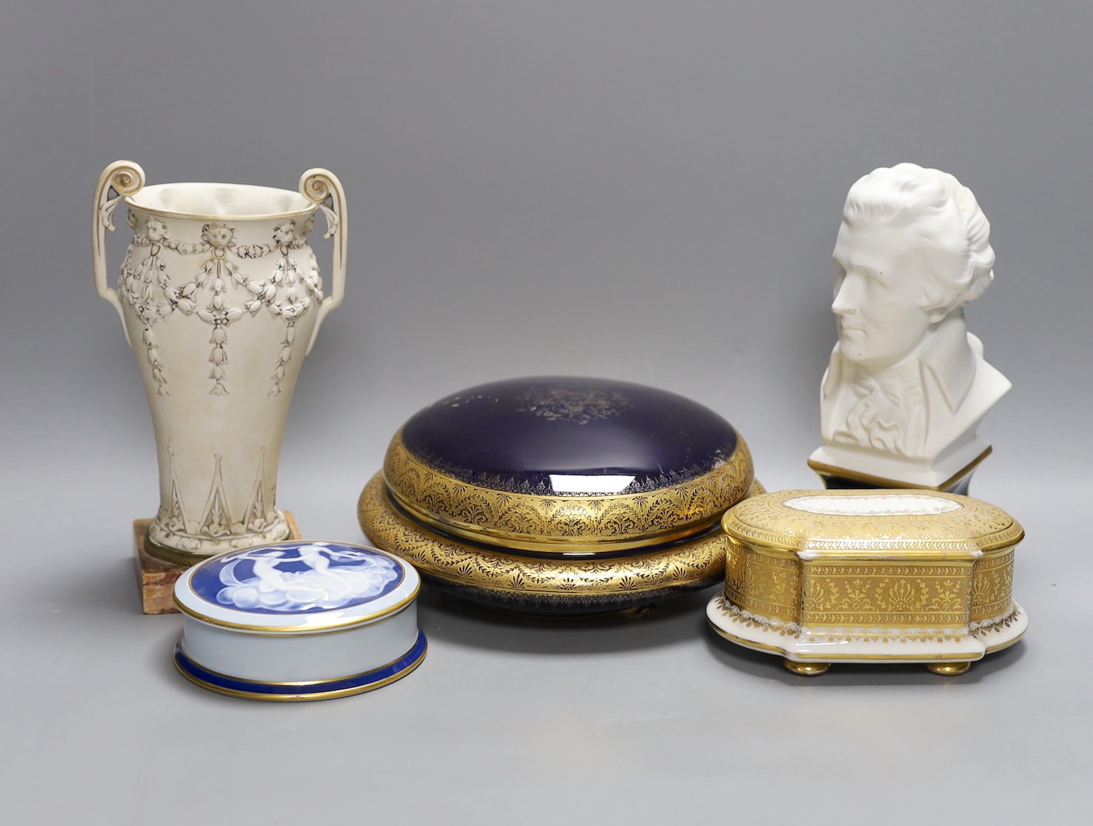 Three Limoges boxes, a bust of Mozart and a bisque two handled vase, Vase 20.5 cms high